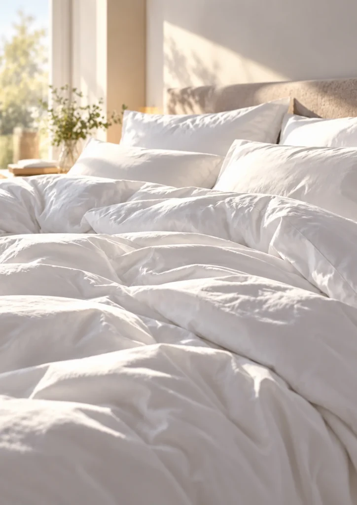 Bett mit weißer Bettwäsche in einem hellen Schlafzimmer