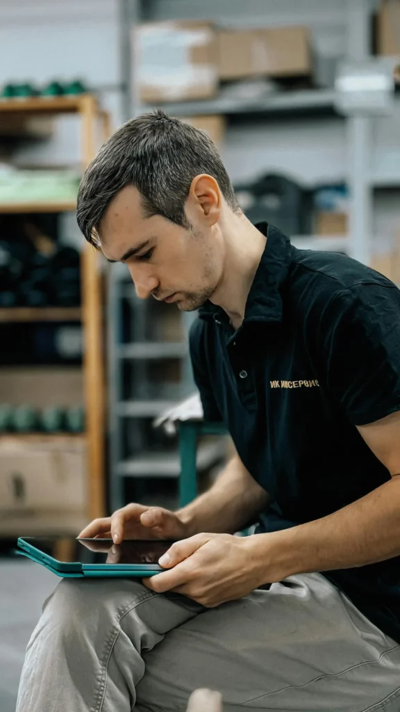 Mann arbeitet konzentriert an einem Tablet in einer Werkstatt