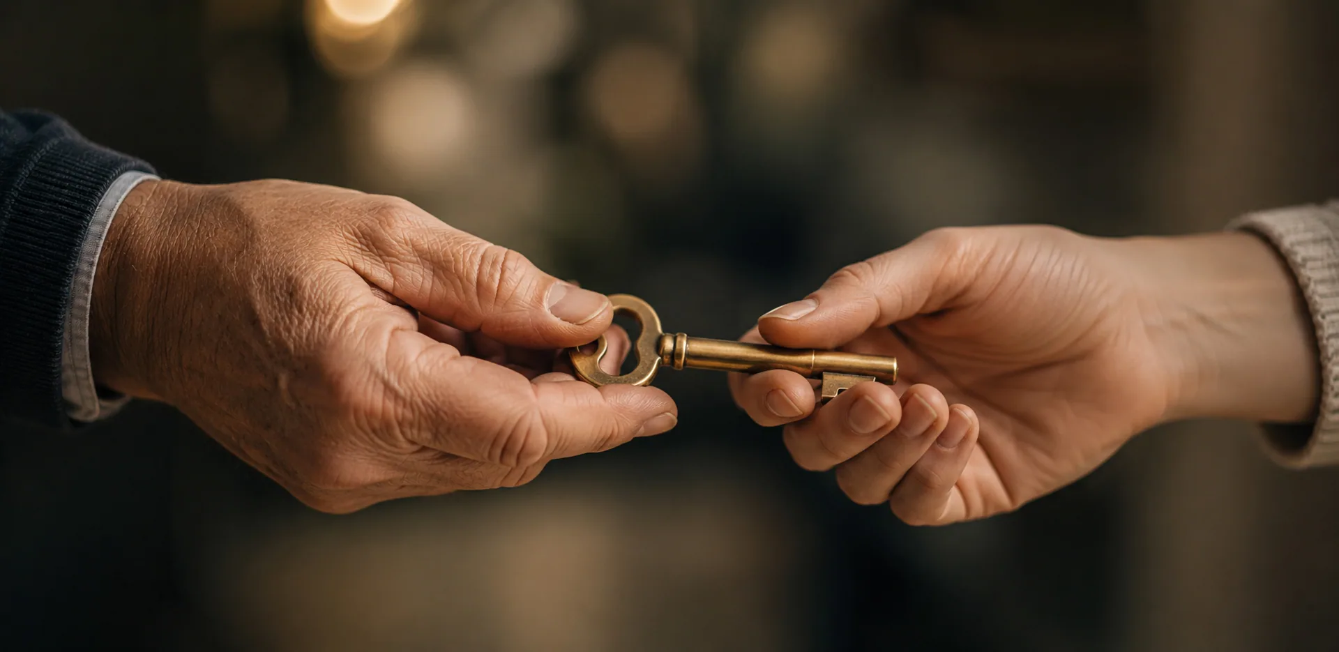 Übergabe eines alten Schlüssels von Hand zu Hand