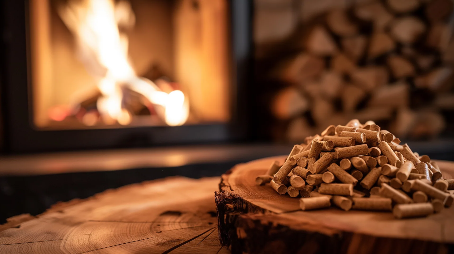 Holzpellets auf einer Baumscheibe vor einem brennenden Kamin